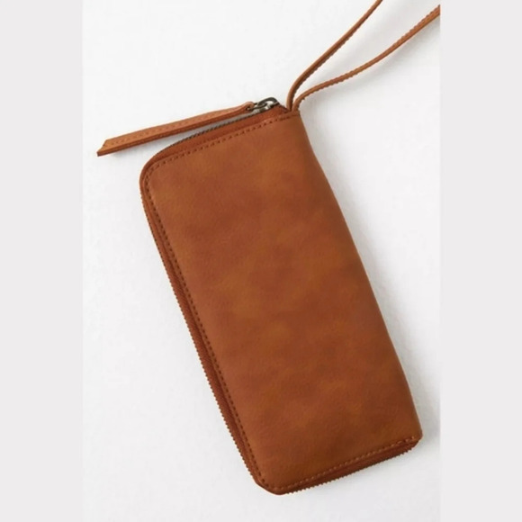 FREE PEOPLE Distressed Vegan Wallet, Brown, Slim Design, Wrist Strap Attached - Picture 2 of 15